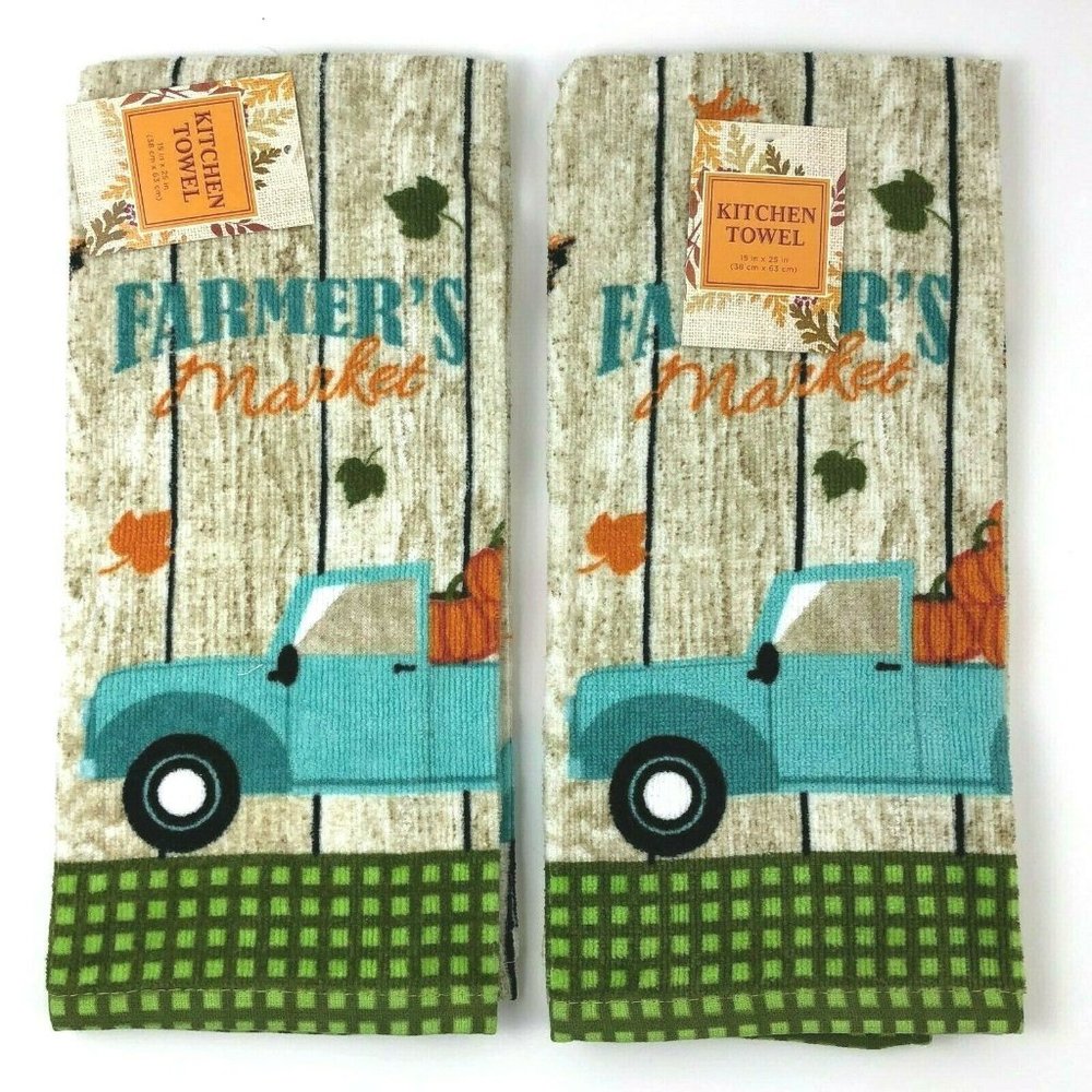 Fall Farmers Market Kitchen Towel Set Blue Truck